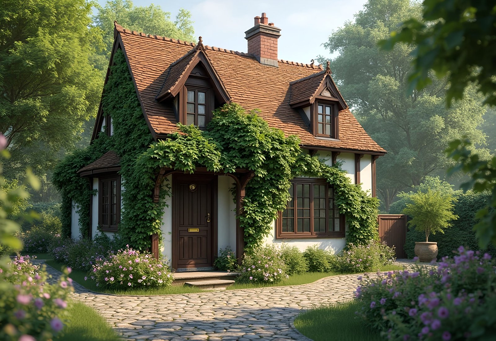 Small English cottage nestled in greenery—ideal for countryside, architecture, and pastoral visuals