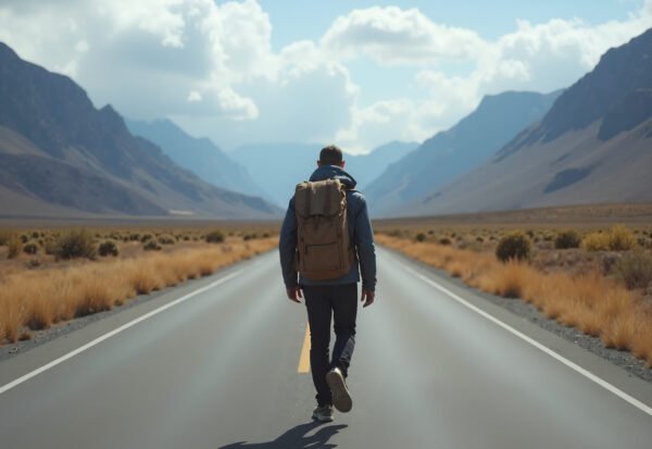 Traveler walking alone in vast mountain landscape