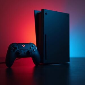 Gaming console with controller on neon glowing background—free image for gaming, tech or e-sports visuals.