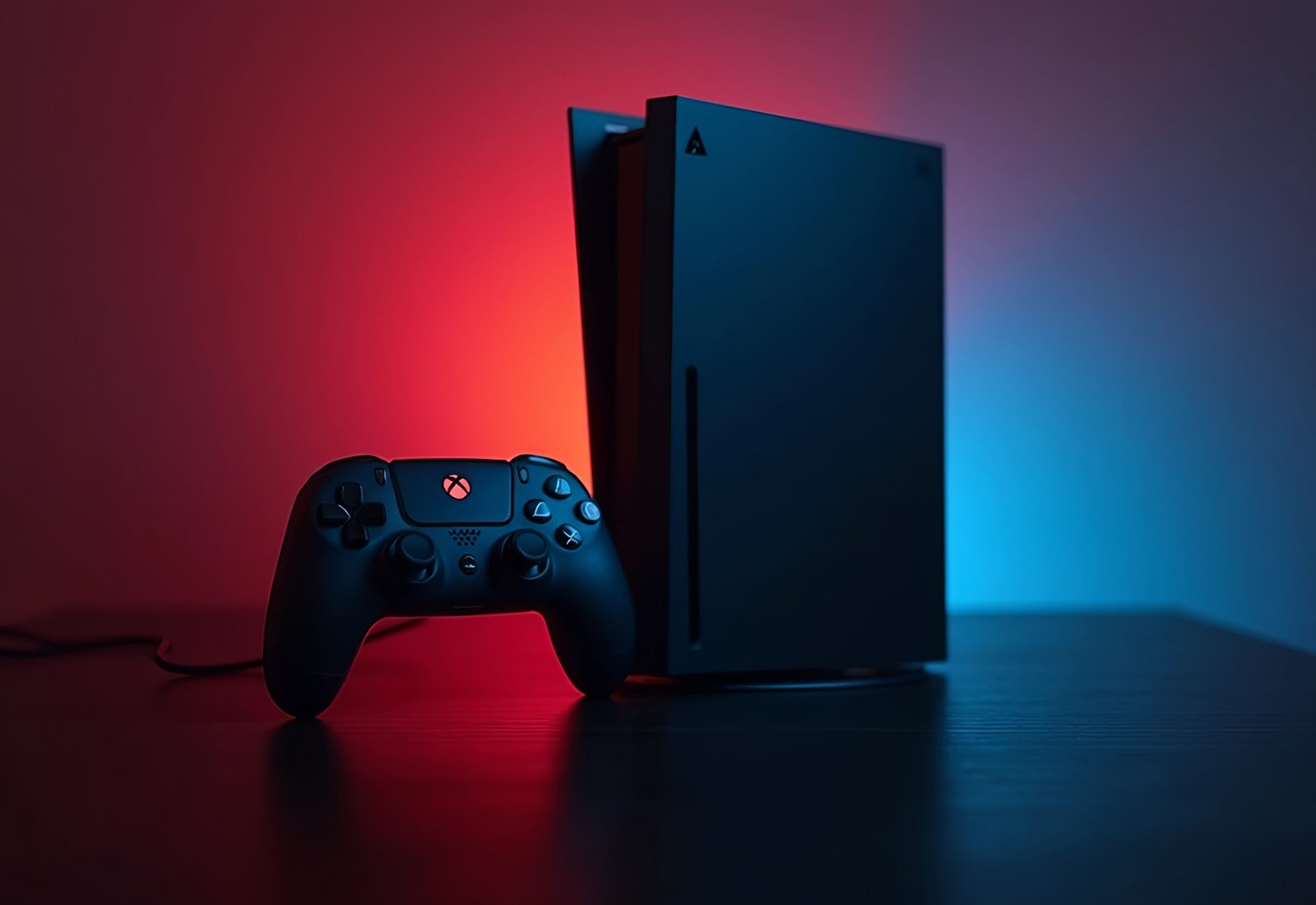 Gaming console with controller on neon glowing background—free image for gaming, tech or e-sports visuals.