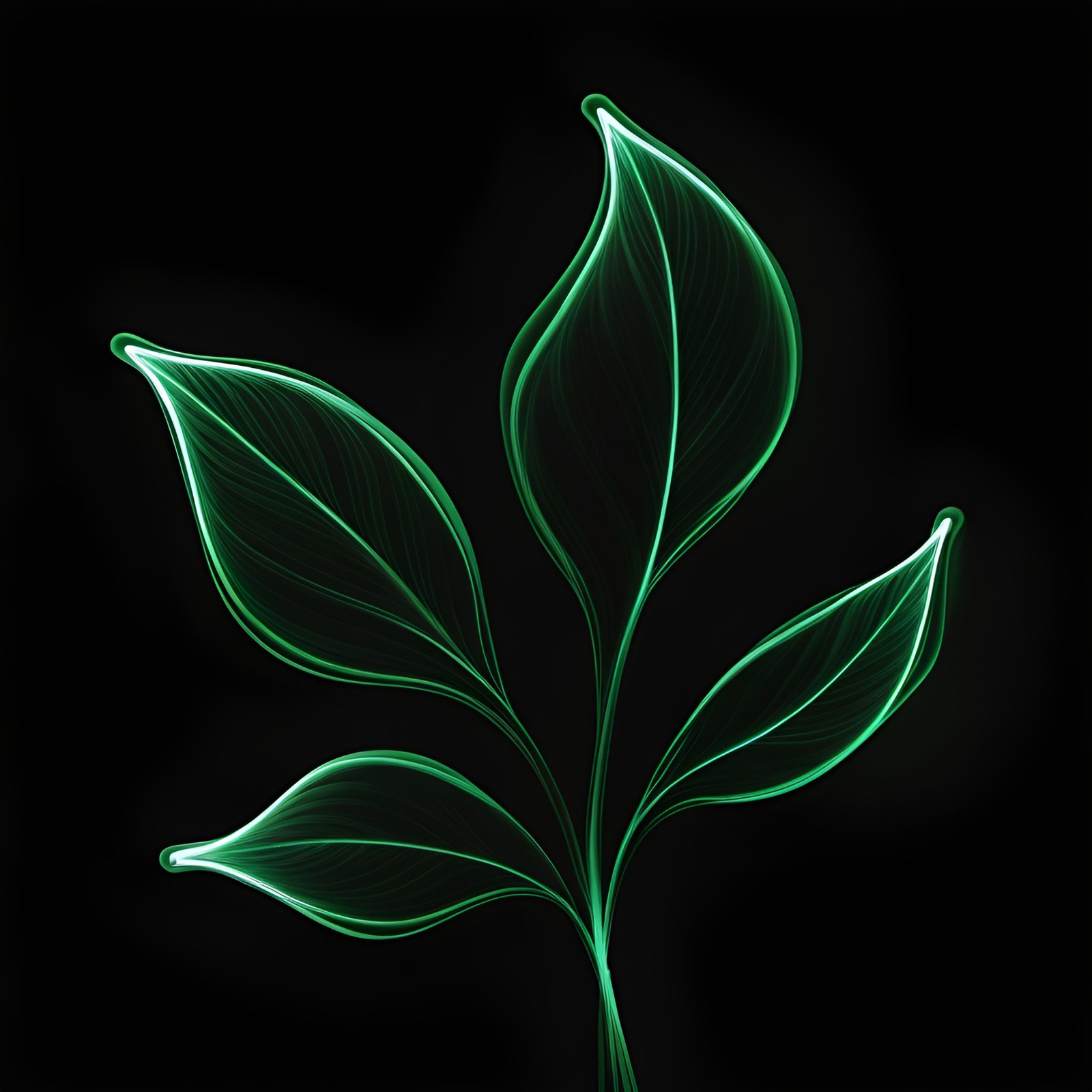 Green leaf shaped light painting glowing against black background in abstract artistic style