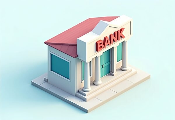 Isometric vector illustration of classic bank building with columns and pillars in 3D perspective