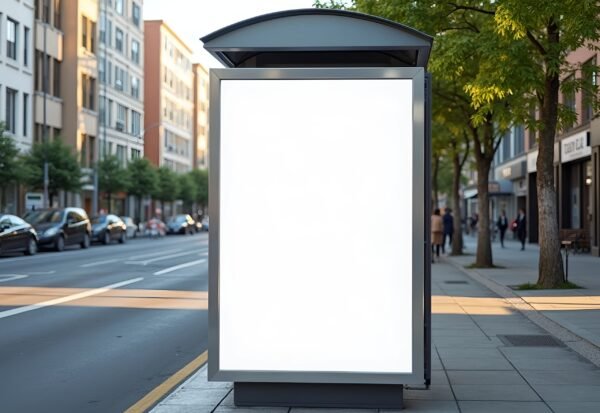 Blank ad panel at bus stop shelter with spacious copy space for design mockups