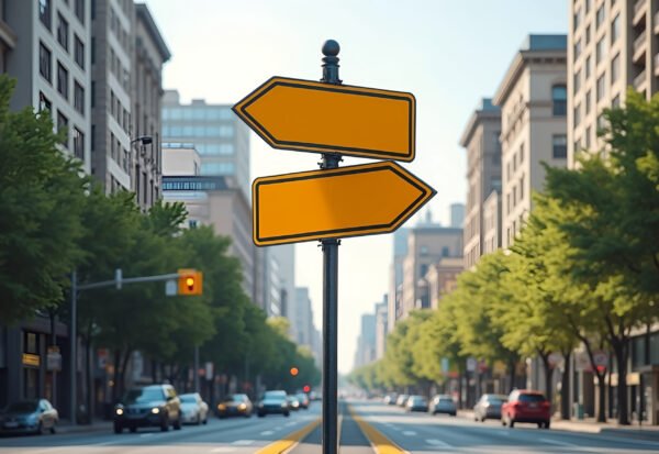 Multiple arrow-shaped blank street signs pointing in different directions on a busy intersection