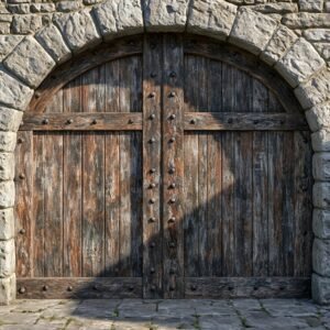 Large old rusty medieval wooden door with heavy iron studs and a stone frame