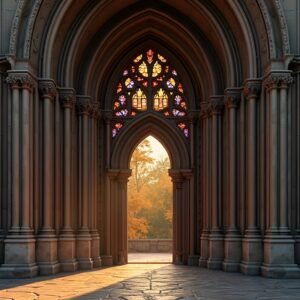 Gothic church arch door with stained glass