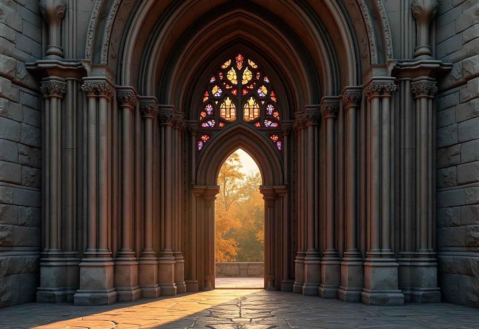 Gothic church arch door with stained glass