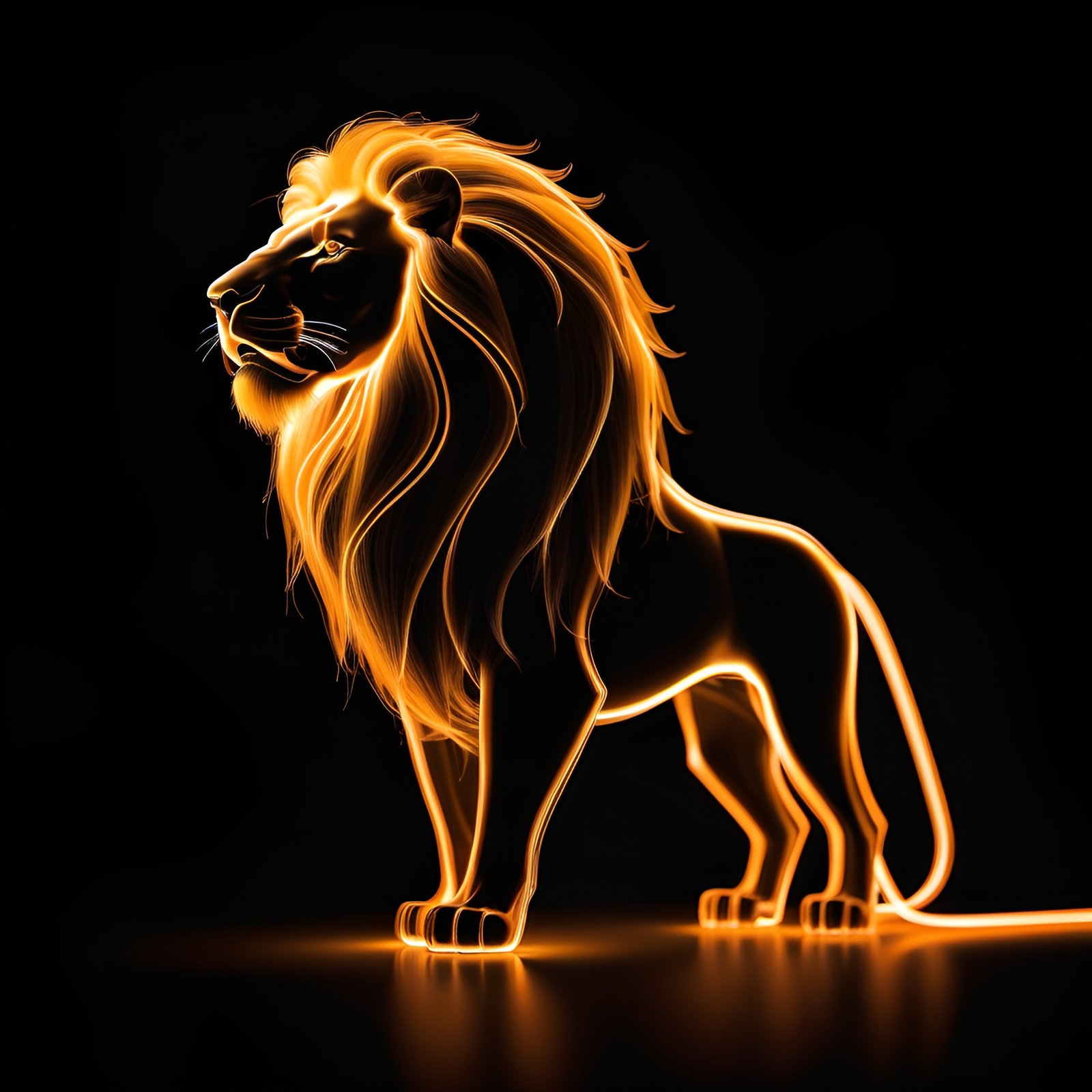 Orange light painting forming a lion’s head silhouette on dark background—ideal for bold night art and design visuals.