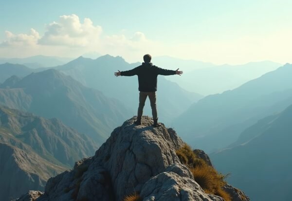 A person standing on a mountain peak with open arms