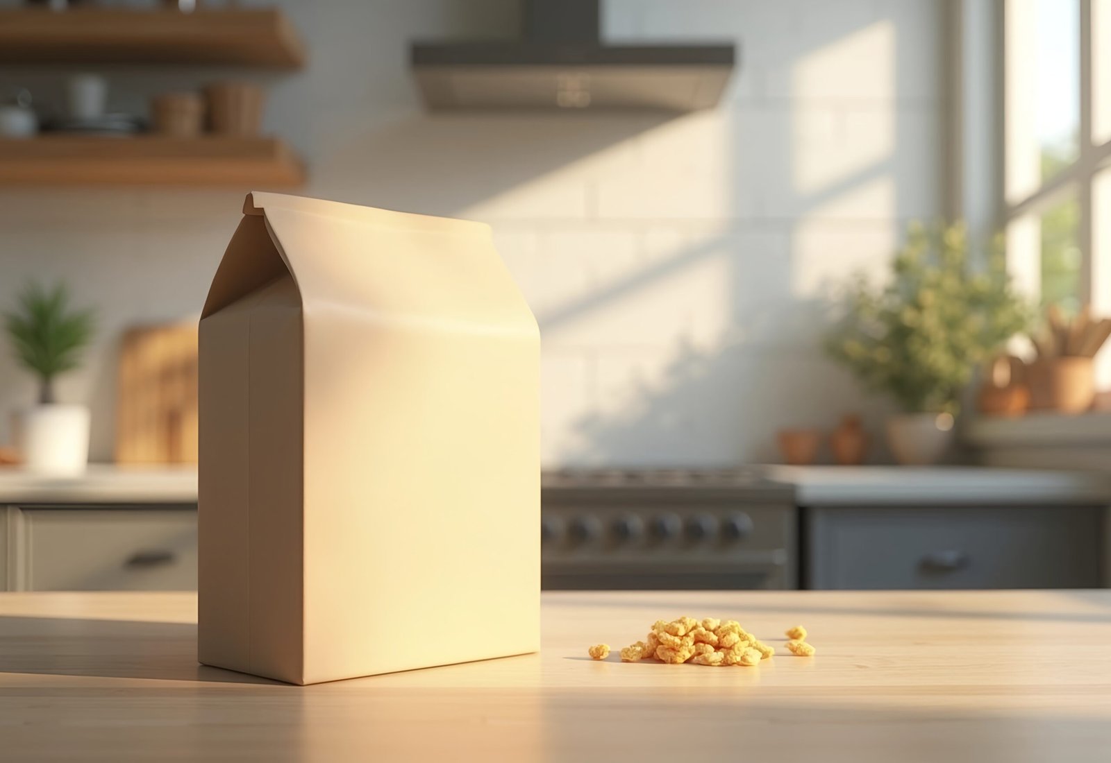 Plain blank cereal box mockup in modern kitchen setting ready for custom packaging design