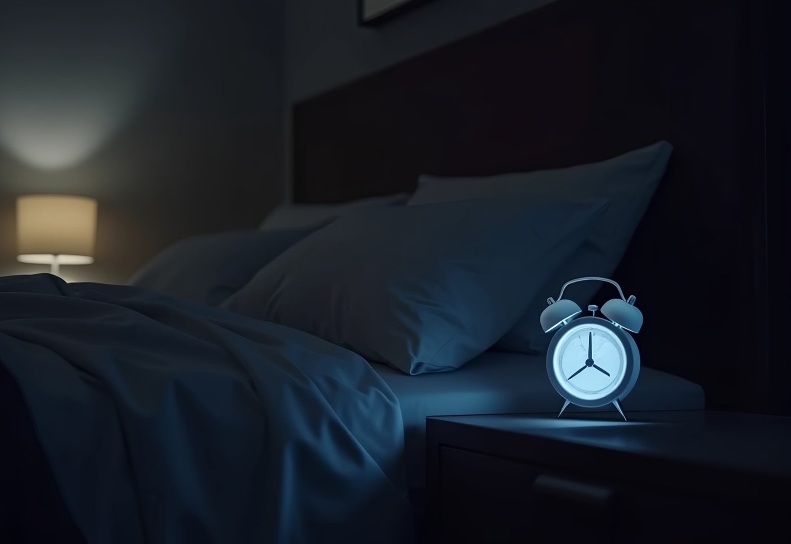Glowing digital alarm clock showing time on wooden bedside table in dark bedroom at night