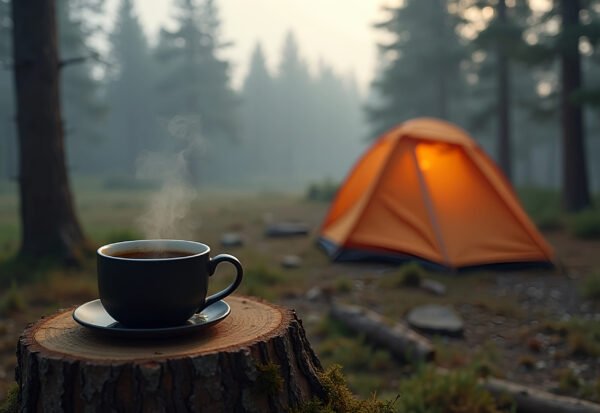 steaming mug of black coffee on wooden log near tent