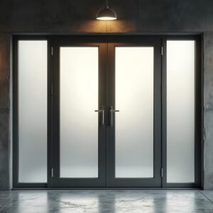Industrial steel door with frosted glass panels—ideal for modern interiors, privacy doors, and architectural visuals