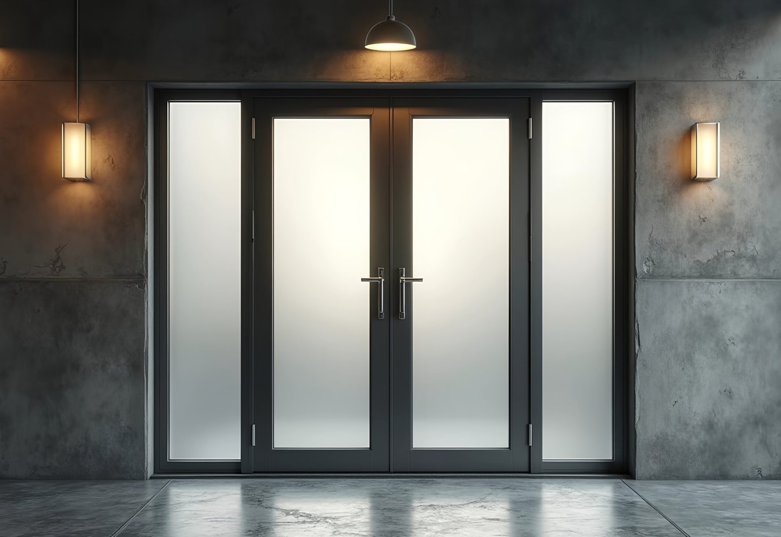 Industrial steel door with frosted glass panels—ideal for modern interiors, privacy doors, and architectural visuals