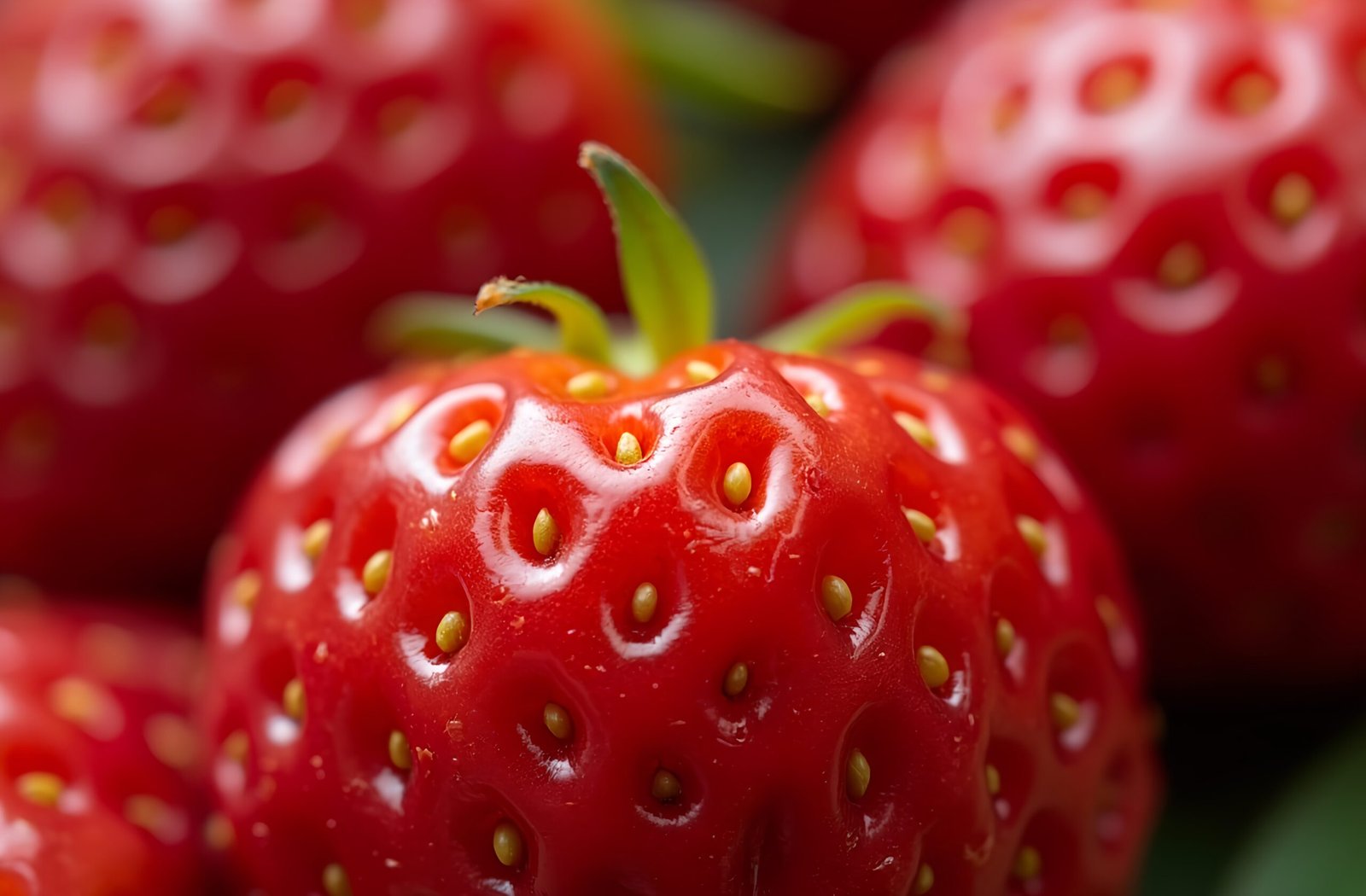 Macro close-up of a ripe strawberry’s detailed surface texture—ideal for food design, culinary content, and packaging visuals