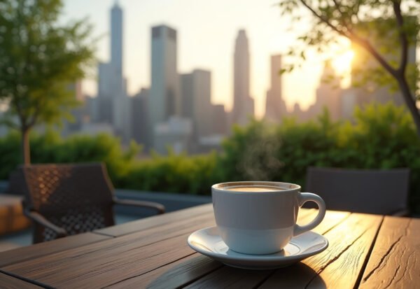 coffee cup on a table in a lush rooftop garden, with city skyscrapers visible in the background