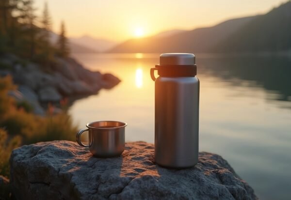 A thermos and a metal camping cup of coffee resting on a rock beside a calm lake during sunrise