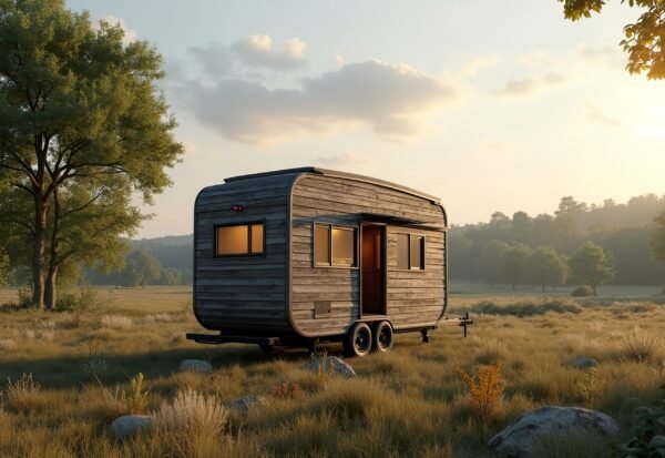 Tiny compact house on wheels parked in a field