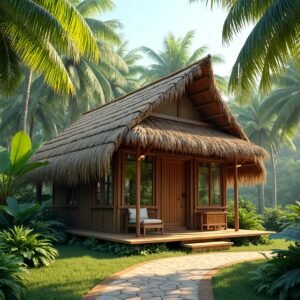Bamboo hut nestled in a palm tree grove—ideal for tropical retreat visuals, island living, and eco-lodge design imagery