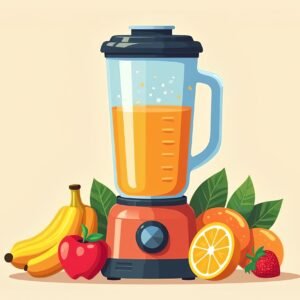 Vector style illustration of modern blender with colorful fresh fruits and juice for healthy smoothie making