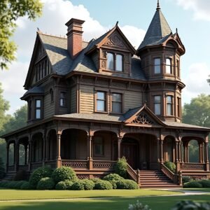 Historic Victorian mansion with ornate woodwork and turret tower—ideal for architecture, heritage and restoration visuals