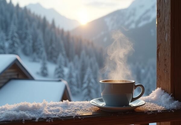 A warm cup of coffee with steam rising, placed on a wooden railing of a snow-covered mountain cabin