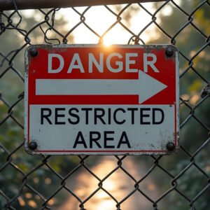 Restricted area warning sign for safety, security, and controlled access zones, ideal for guides and construction visuals