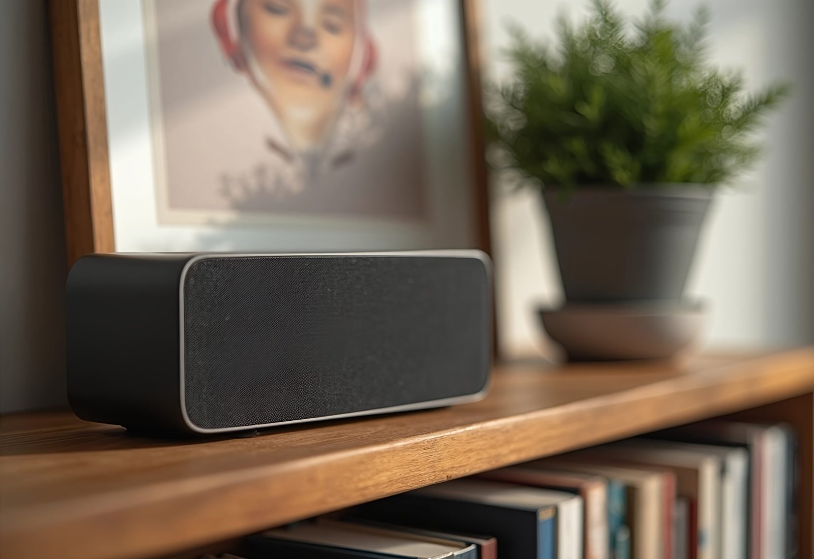 wireless speaker playing music, positioned on a shelf—ideal for smart home visuals, interior audio tech, and lifestyle design
