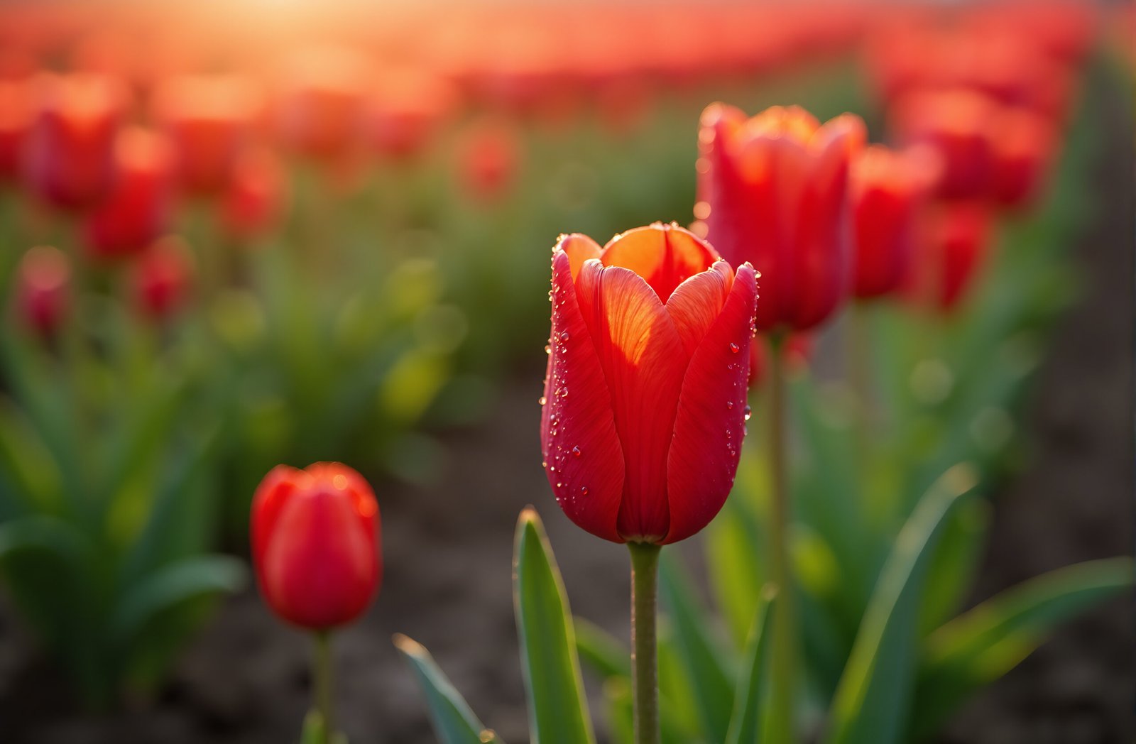 Red tulips in neat rows with morning dew glistening on their petals under soft sunlight
