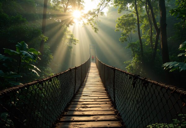 Bridge made of rope and wooden planks spanning a deep jungle gorge, early morning light
