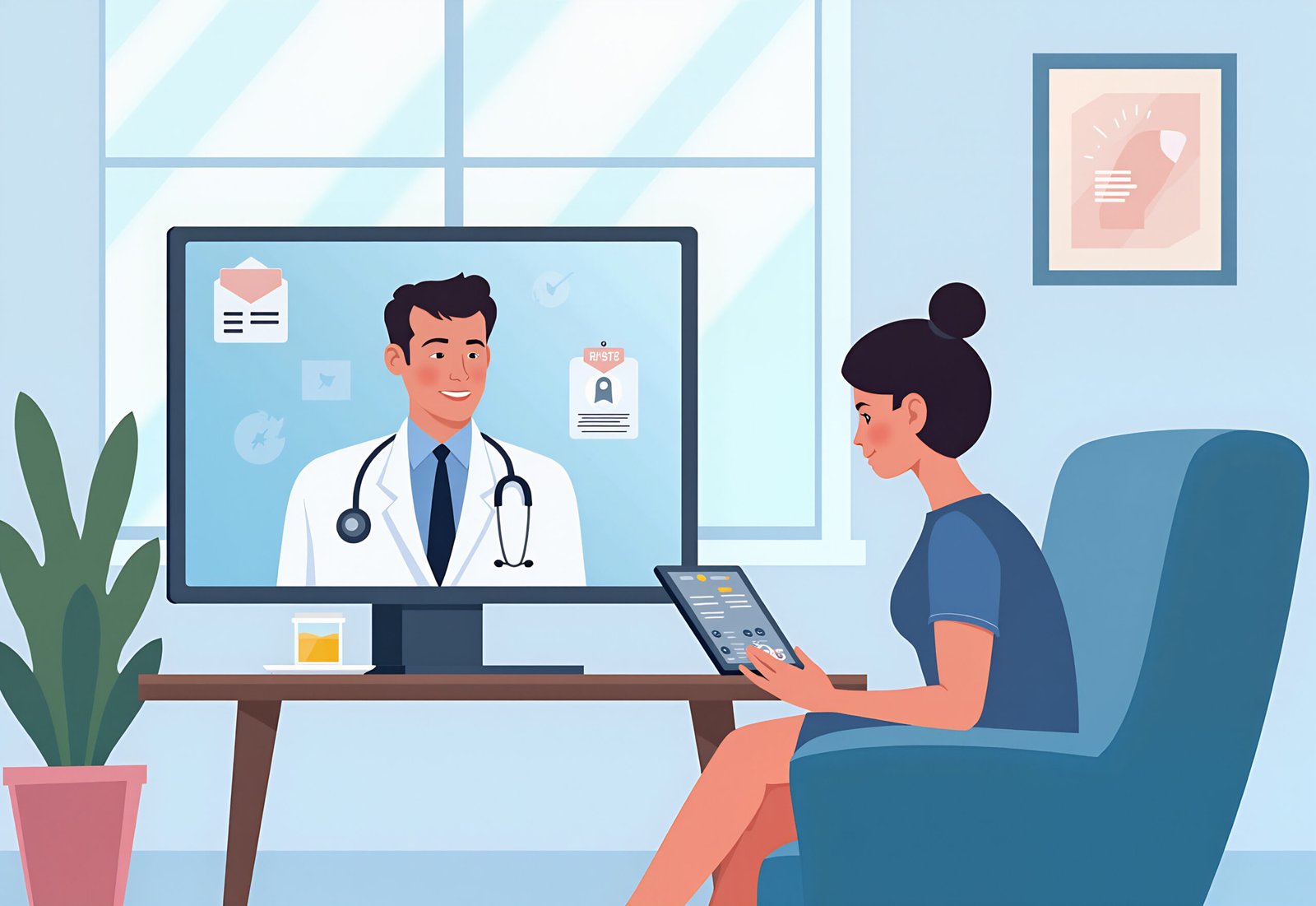 Patient using tablet at home consulting a doctor remotely displayed on a screen