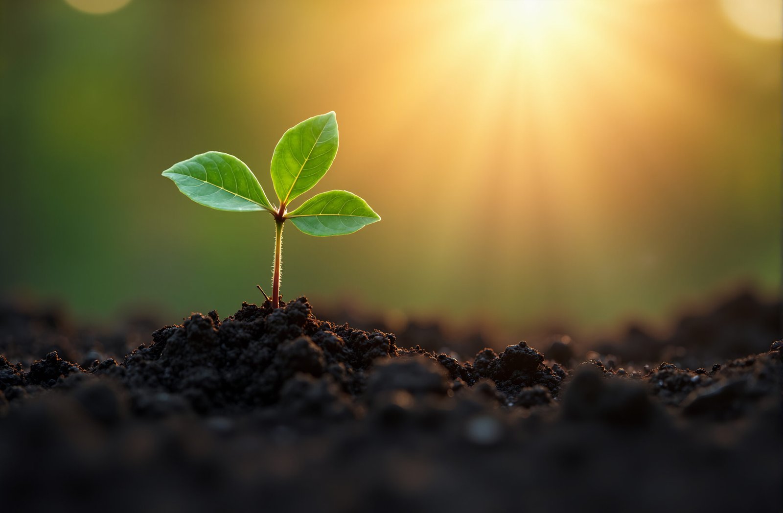 Tiny sprout emerging from dark soil. sunrise in background, symbolic growth and hope concept
