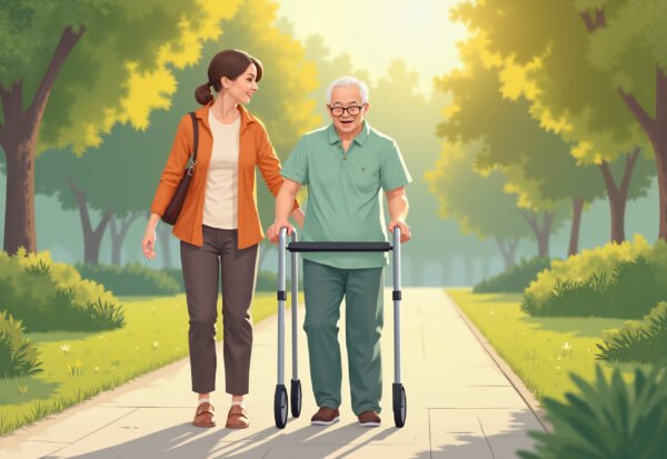 Flat vector of a caregiver gently assisting an elderly person with a walker in a sunny park setting