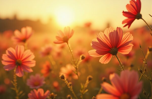 Fields of cosmos flowers swaying in the wind, warm golden light and dreamy atmosphere