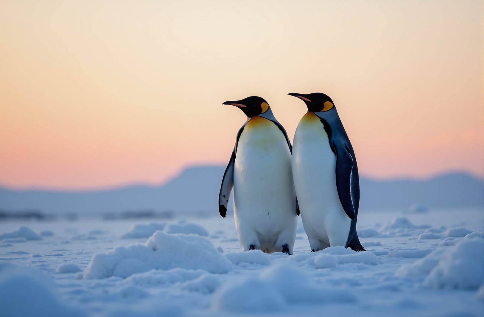 Pair of majestic emperor penguins standing together on white snow plains with sunset lighting in Antarctic landscape