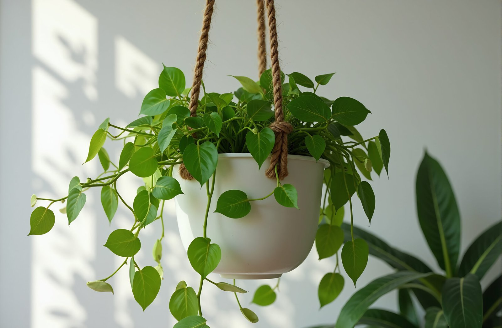Hanging plant in white pot with leaves
