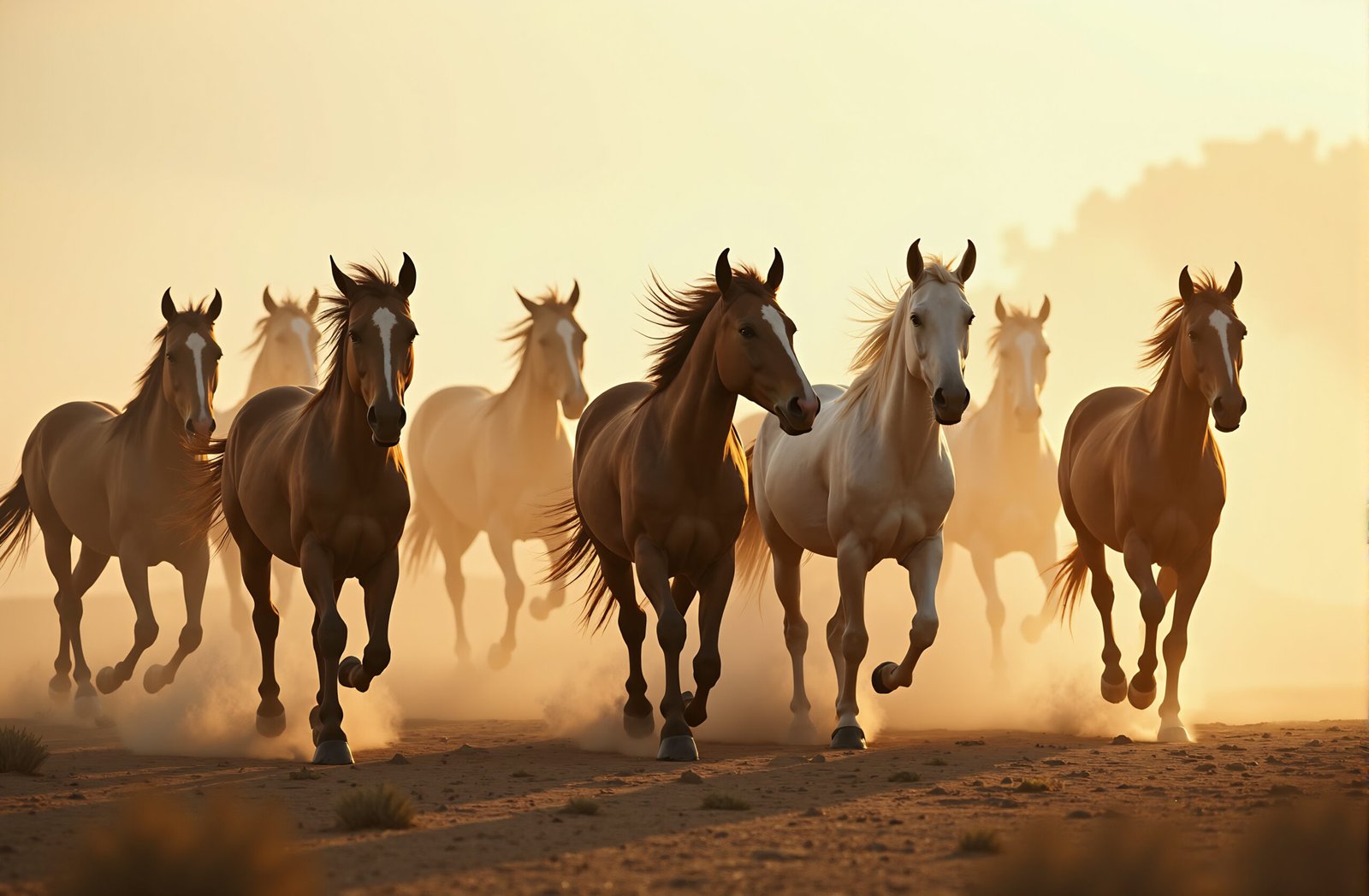 A herd of wild horses running through a dusty plain