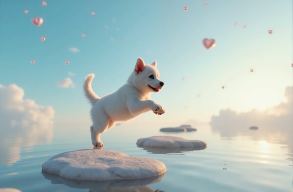 Adorable cute puppy jumping across magical floating stones in dreamy fantasy sky filled with heart shapes