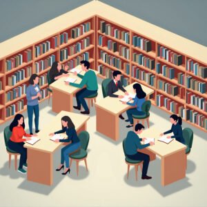 Flat illustration of students in a library browsing bookshelves and studying at tables