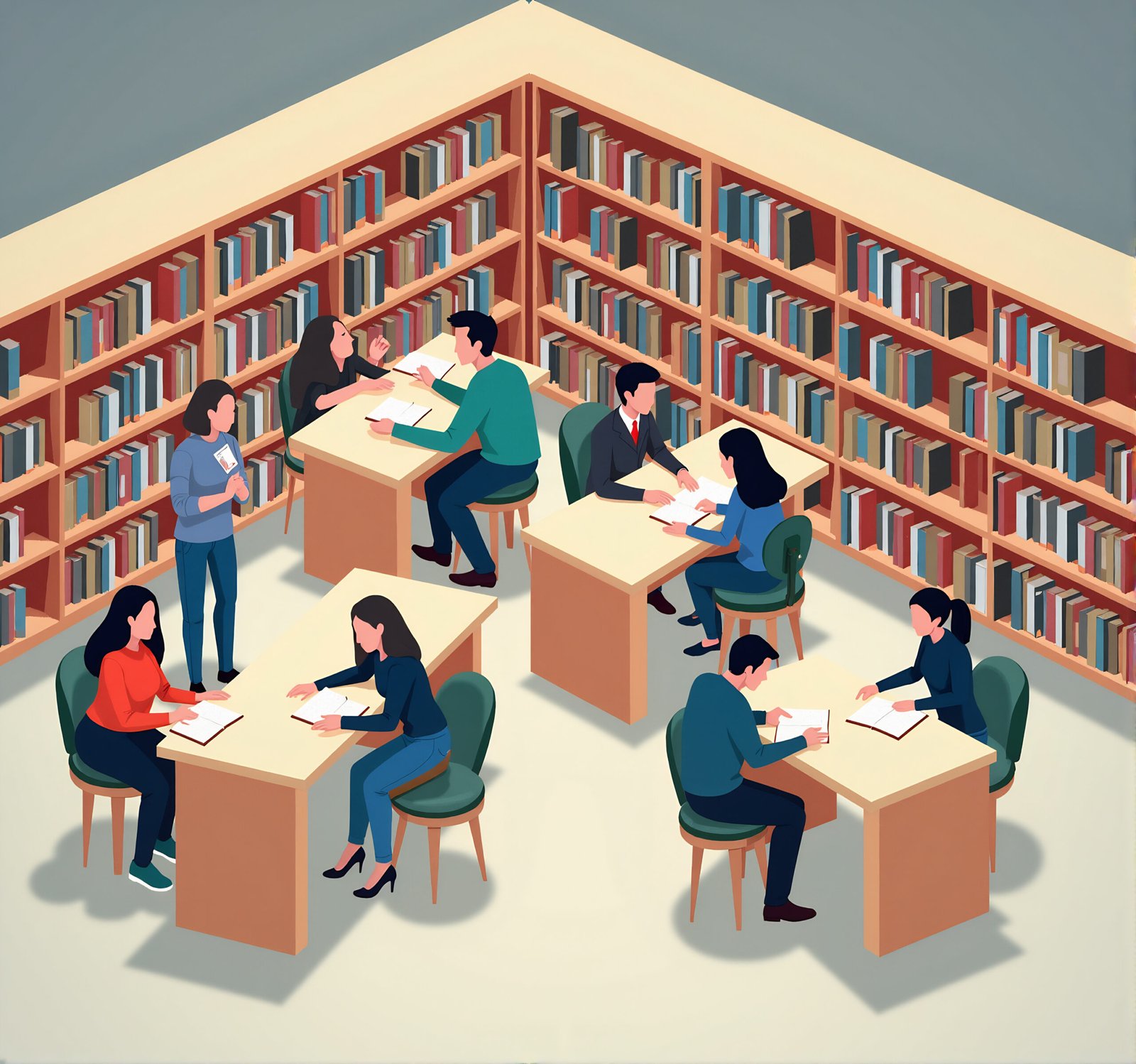 Flat illustration of students in a library browsing bookshelves and studying at tables