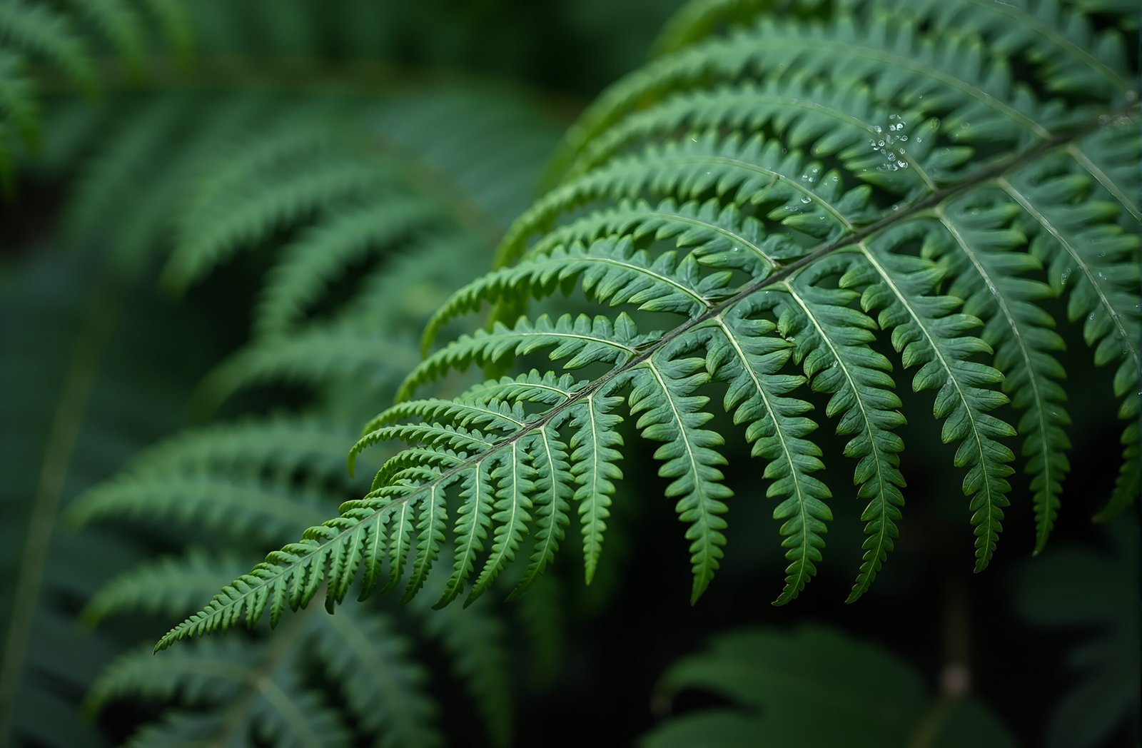 Detailed close-up of delicate fern leaves in shaded garden setting showing intricate frond patterns
