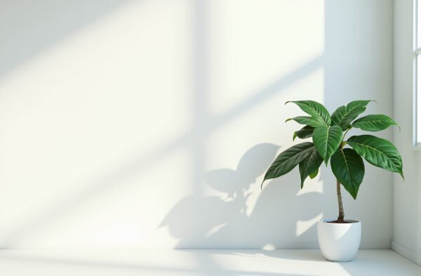 Large fiddle leaf fig houseplant with broad green leaves positioned near clean white wall in modern interior