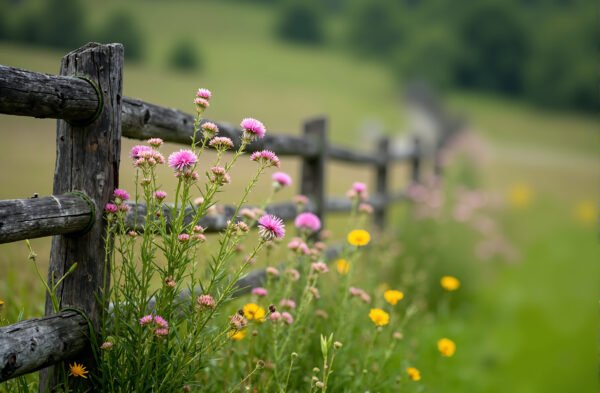 Wildflowers growing beside a rustic wooden fence with green meadow in background