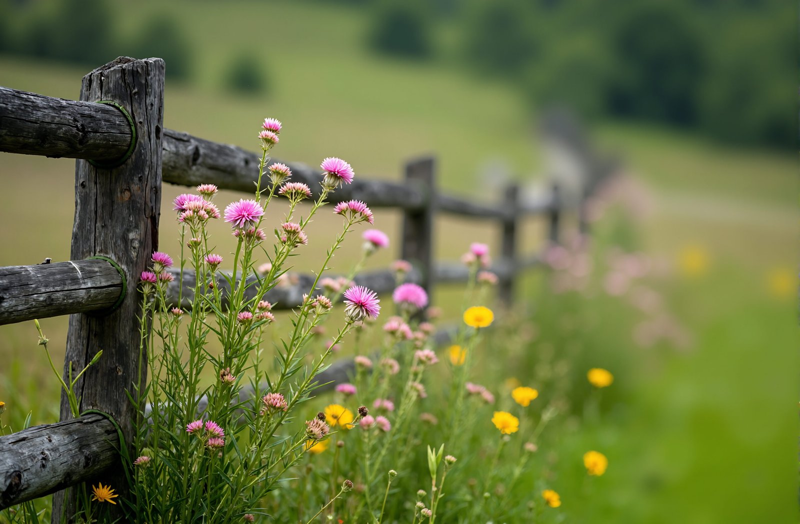 Wildflowers growing beside a rustic wooden fence—ideal for nature, garden and floral visuals