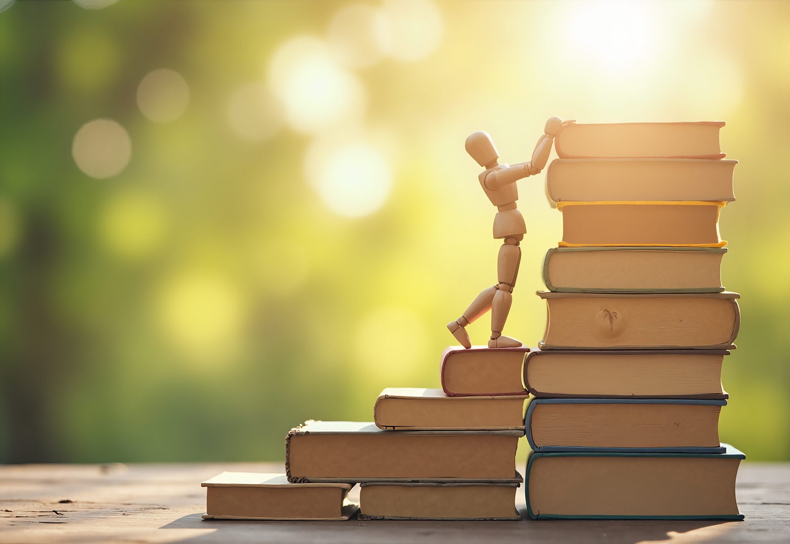 Wooden figure climbing stack of educational books