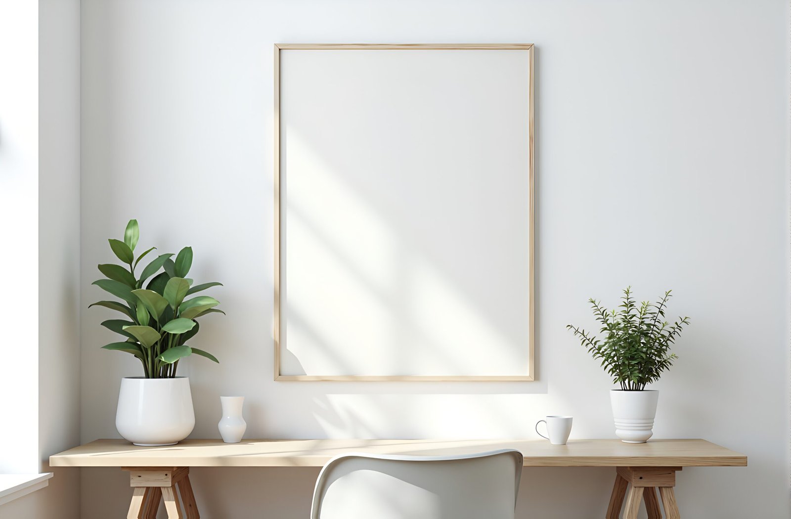 Home office workspace with blank poster frame mockup on wall and plant on desk