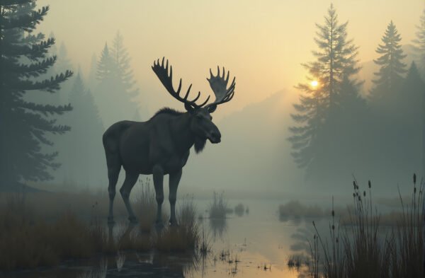 A moose standing silently in a misty swamp at dawn