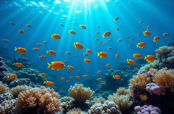 School of colorful tropical fish swimming among corals in the ocean