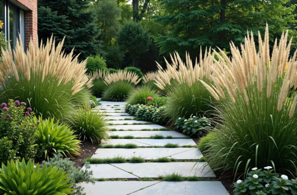 Beautiful garden stone pathway with lush ornamental grasses