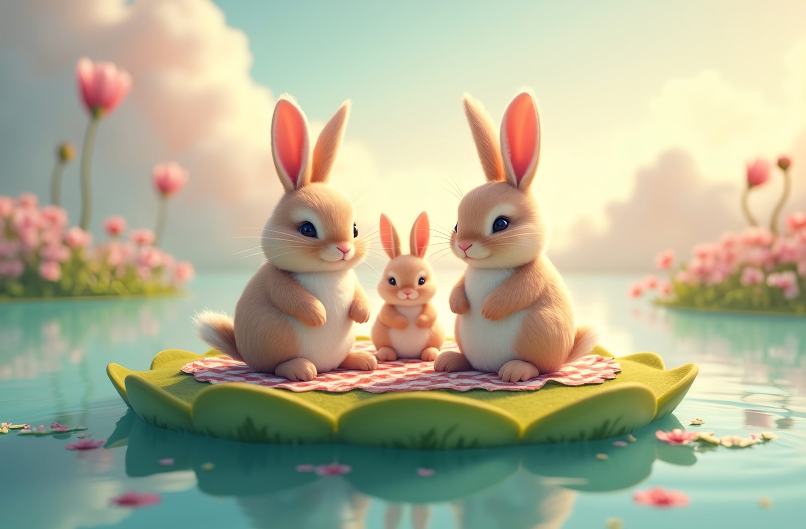 A bunny family having a picnic on a floating lily pad